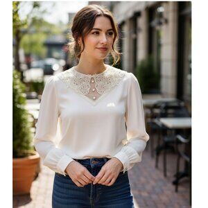 Marc Jacobs Silk Blouse with Lace Collar & Embellishment, Ivory, Womens Size 6